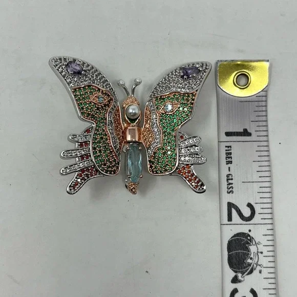Butterfly Brooch Silver Tone Multicolored Rhinestone Gemstones - Picture 12 of 13